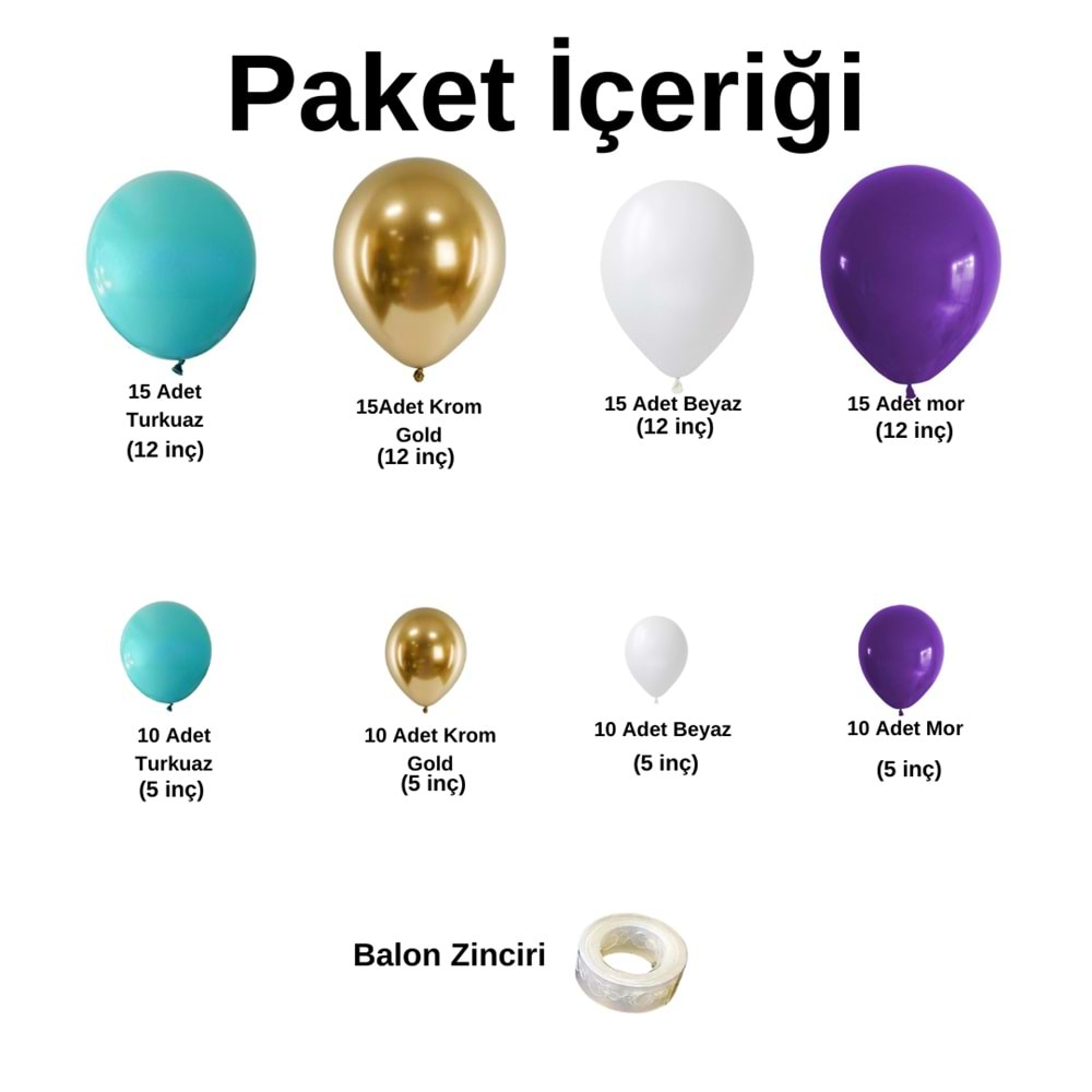 Balon Seti Turkuaz-Krom Gold-Beyaz-Mor-Krom Mor 100 Lü Balon Zinciri Seti