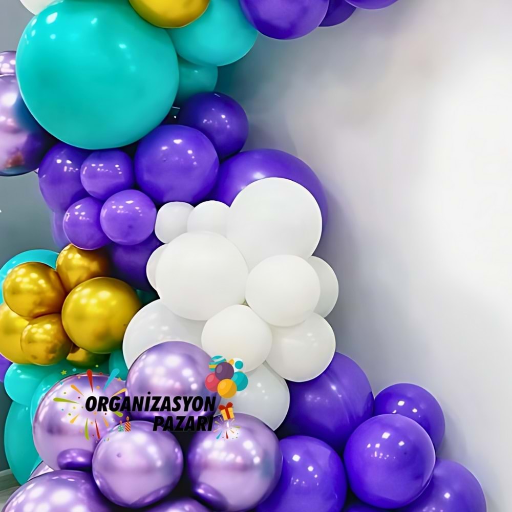 Balon Seti Turkuaz-Krom Gold-Beyaz-Mor-Krom Mor 100 Lü Balon Zinciri Seti