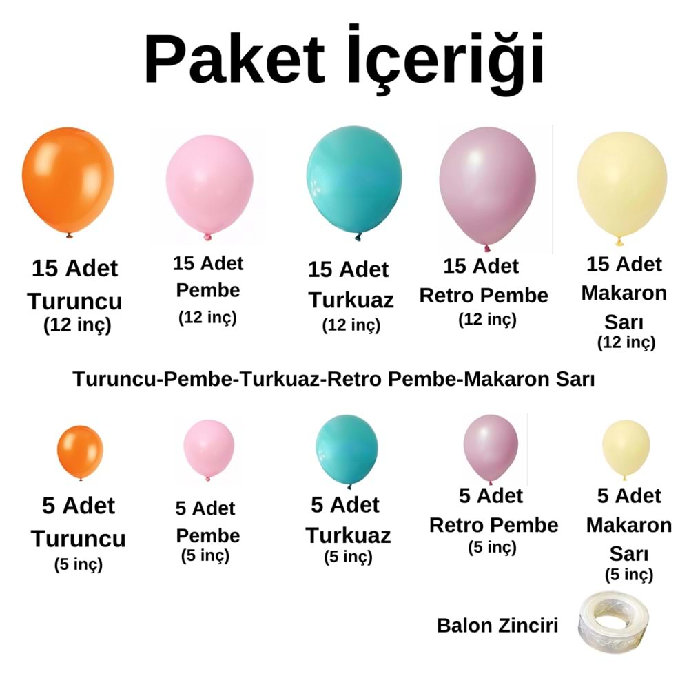 Balon Seti Turuncu-Pembe-Turkuaz-Retro Pembe-Makaron Sarı 100 Lü Balon Zinciri Seti