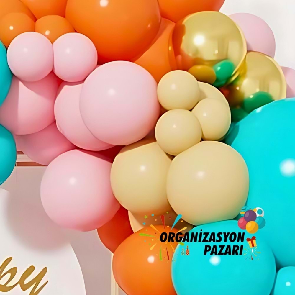 Balon Seti Turuncu-Pembe-Turkuaz-Retro Pembe-Makaron Sarı 100 Lü Balon Zinciri Seti