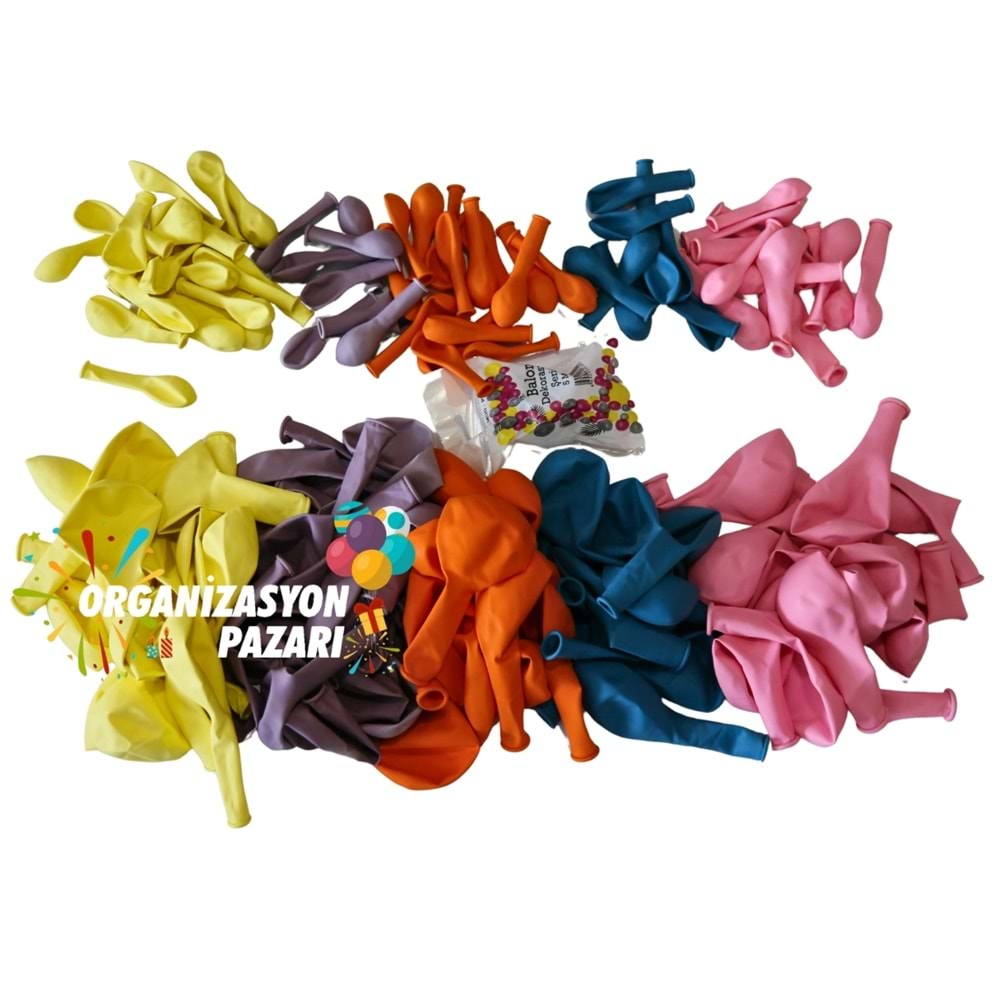 Balon Seti Turuncu-Pembe-Turkuaz-Retro Pembe-Makaron Sarı 60 Lı Balon Zinciri Seti