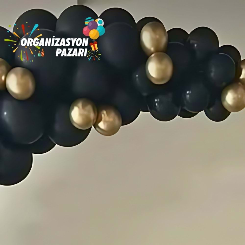 Balon Seti Pastel Siyah Krom Gold 60 Lı Balon Zinciri Seti