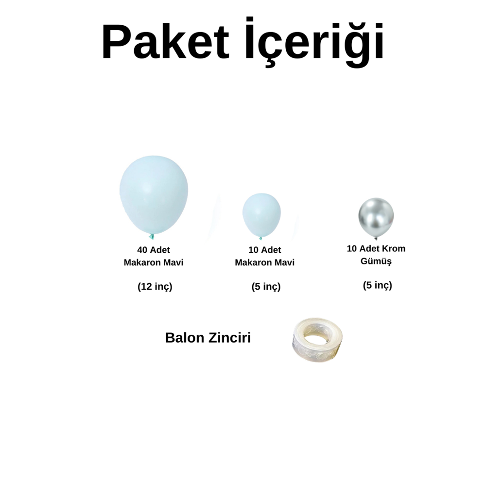 Balon Seti Makaron Mavi - Krom Gümüş 60 Lı Balon Zinciri Seti