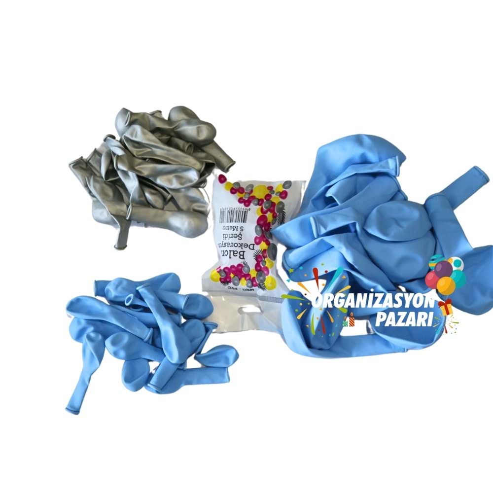 Balon Seti Makaron Mavi - Krom Gümüş 60 Lı Balon Zinciri Seti