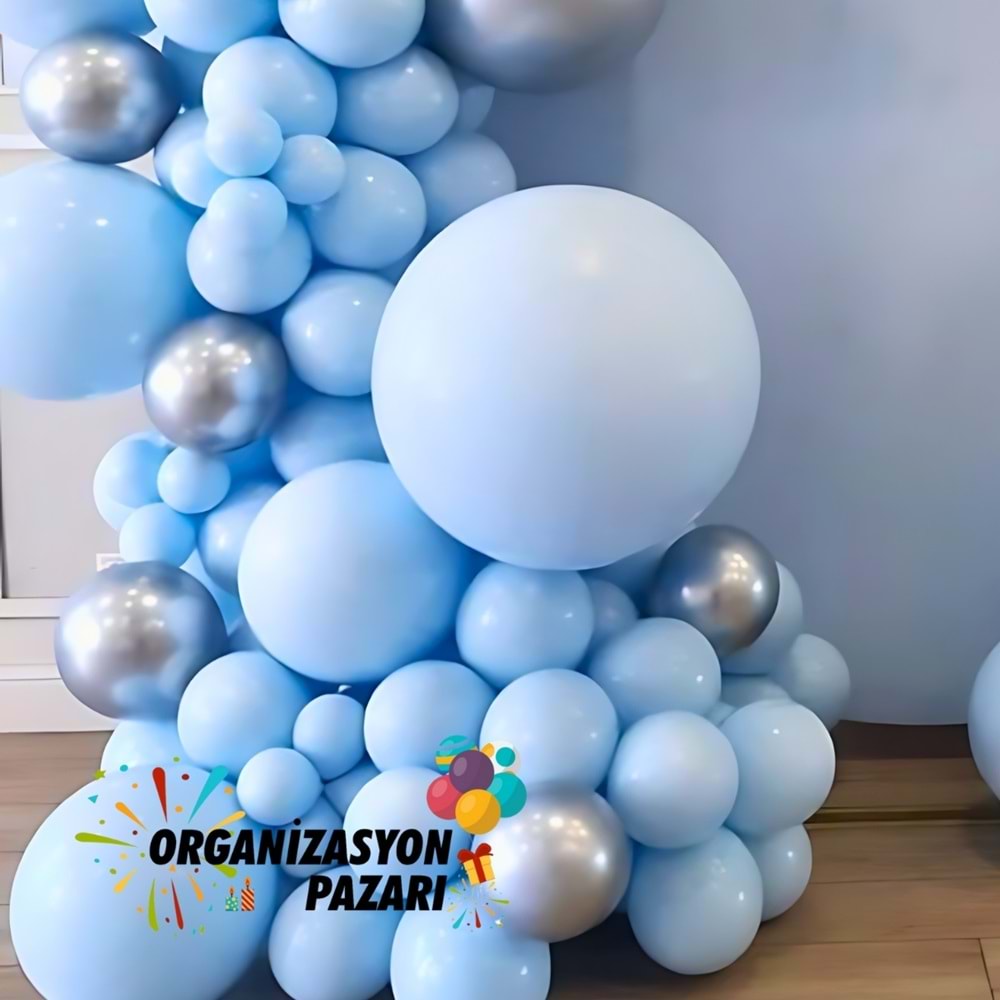 Balon Seti Makaron Mavi - Krom Gümüş 60 Lı Balon Zinciri Seti