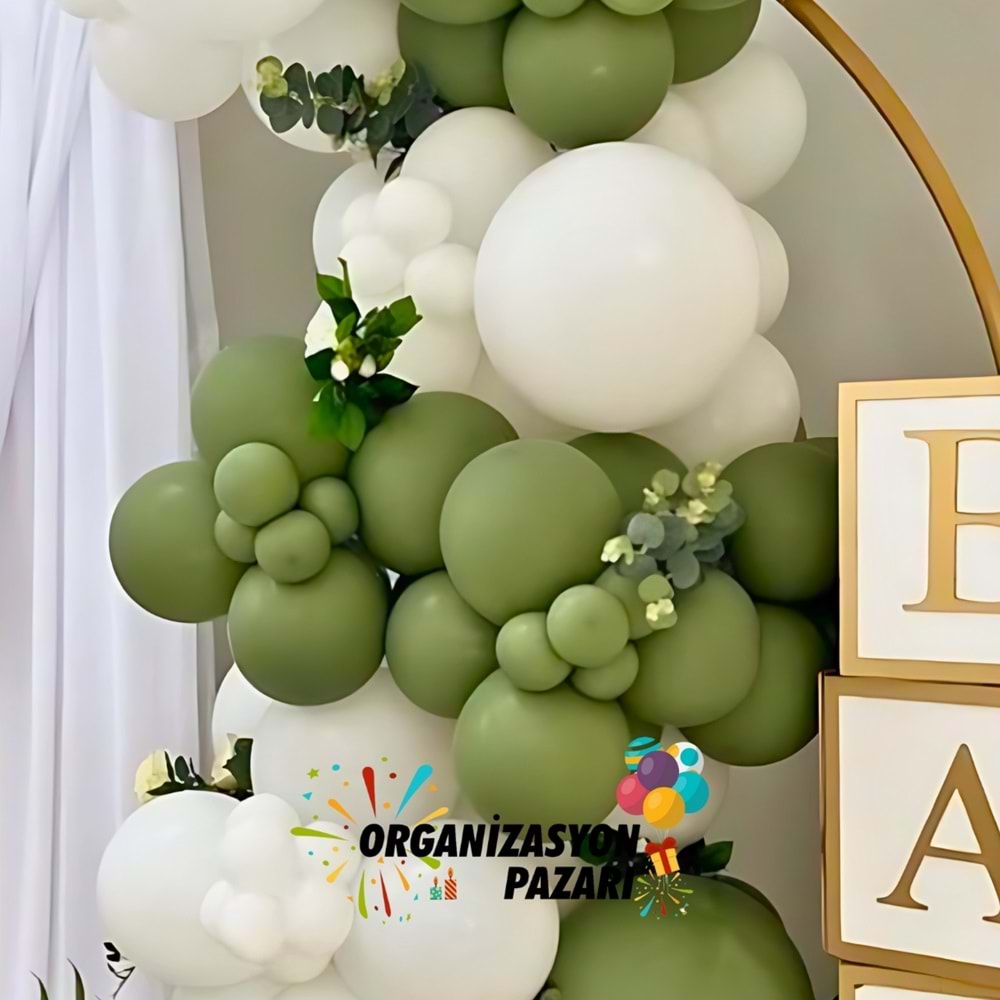 Balon Seti Retro Okaliptus-Pastel Beyaz 60 Lı Balon Zinciri Seti