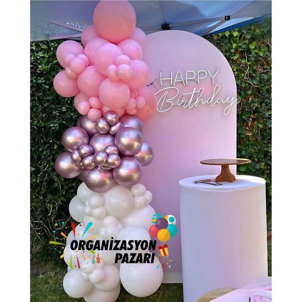 Balon Seti Krom pembe-Pembe-Beyaz 100 Lü Balon Zinciri Seti