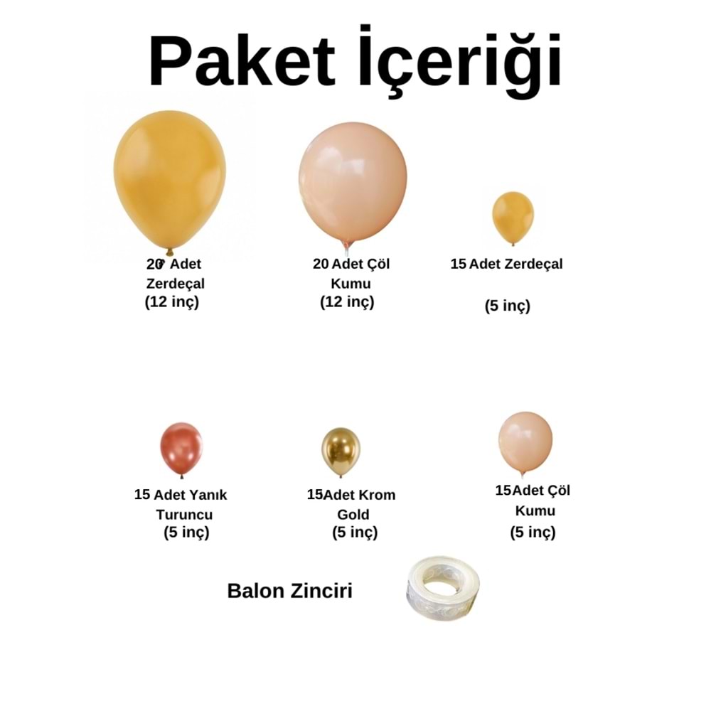 Balon Seti Krom Gold-Yanık Turuncu-Zerdeçal-Çöl Kumu 100 Lü Balon Zinciri Seti