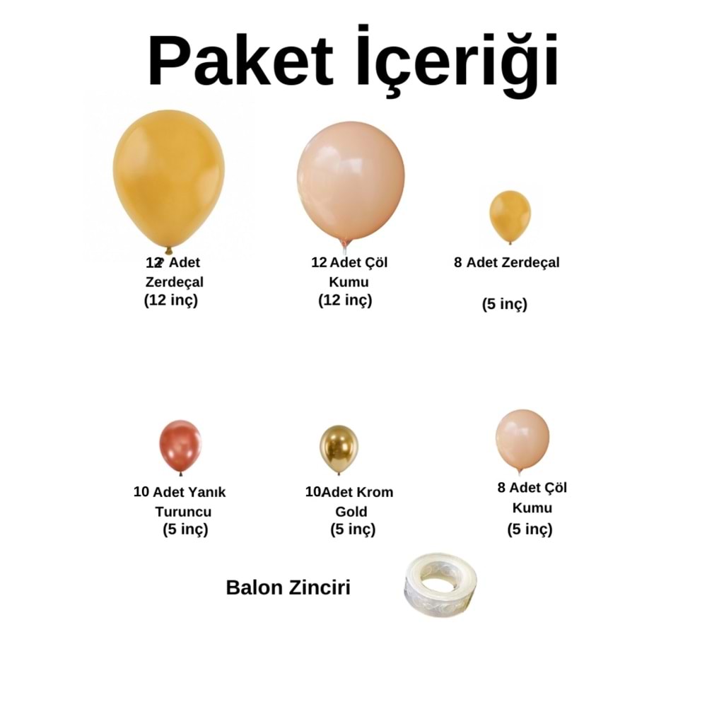 Balon Seti Krom Gold-Yanık Turuncu- Zerdeçal - Çöl Kumu 60 Lı Balon Zinciri Seti