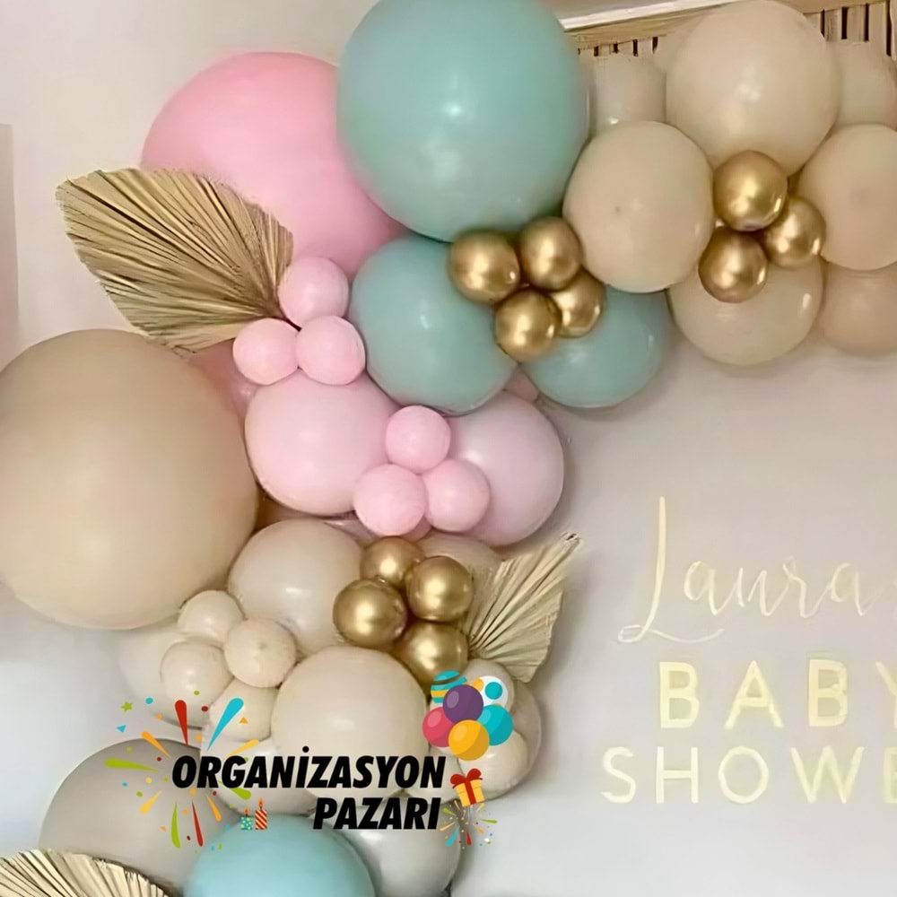 Balon Seti Krom Gold-Kış Yeşili-Makaron Pembe-Deniz Kumu 100 Lü Balon Zinciri Seti