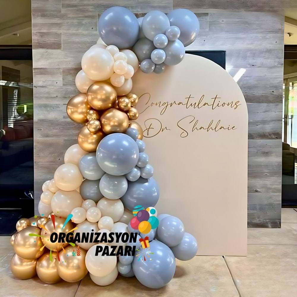 Balon Seti Fırtına Mavisi-Deniz Kumu-Krom Gold 100 Lü Balon Zinciri Seti