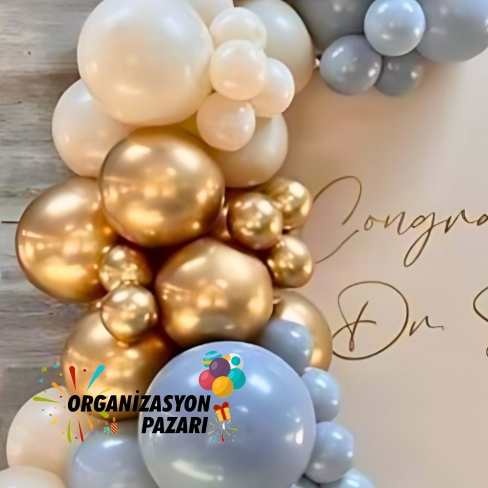 Balon Seti Fırtına Mavisi-Deniz Kumu-Krom Gold 100 Lü Balon Zinciri Seti