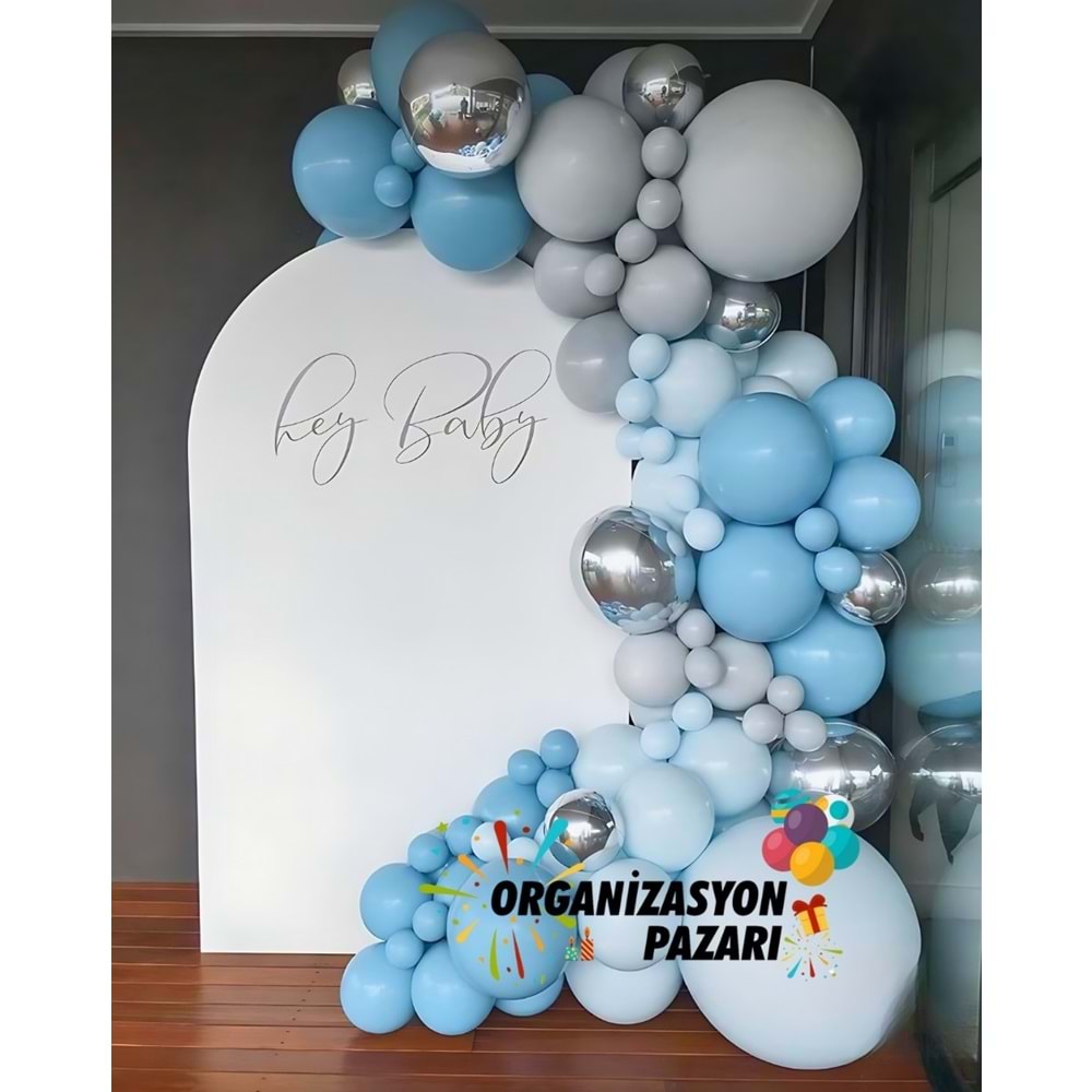 Balon Seti Fırtına Mavi-Pastel Gri-Makaron Mavi-Krom Gümüş 100 Lü Balon Zinciri Seti