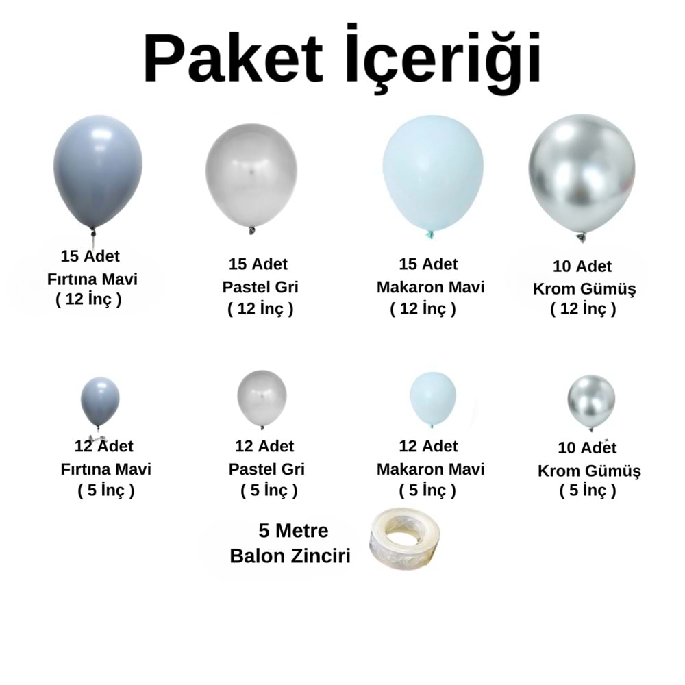 Balon Seti Fırtına Mavi-Pastel Gri-Makaron Mavi-Krom Gümüş 100 Lü Balon Zinciri Seti