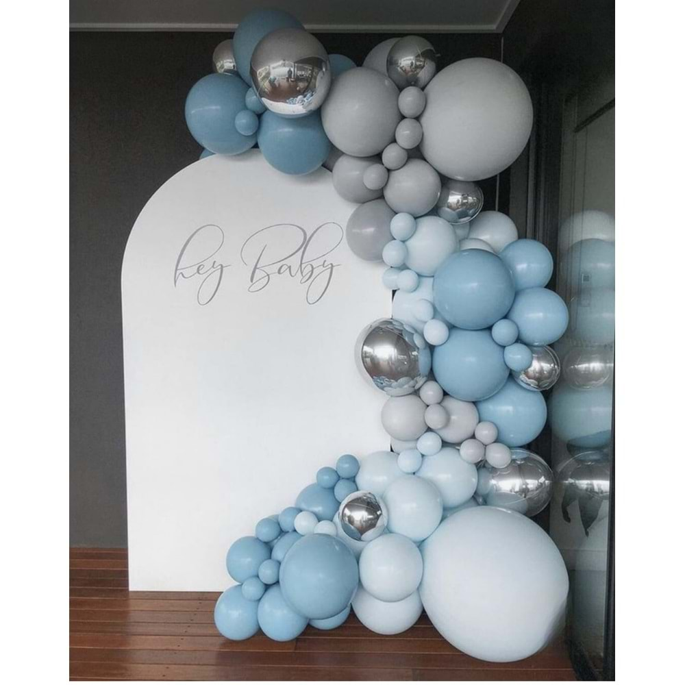 Balon Seti Fırtına Mavi-Pastel Gri-Makaron Mavi-Krom Gümüş 60 Lı Balon Zinciri Seti