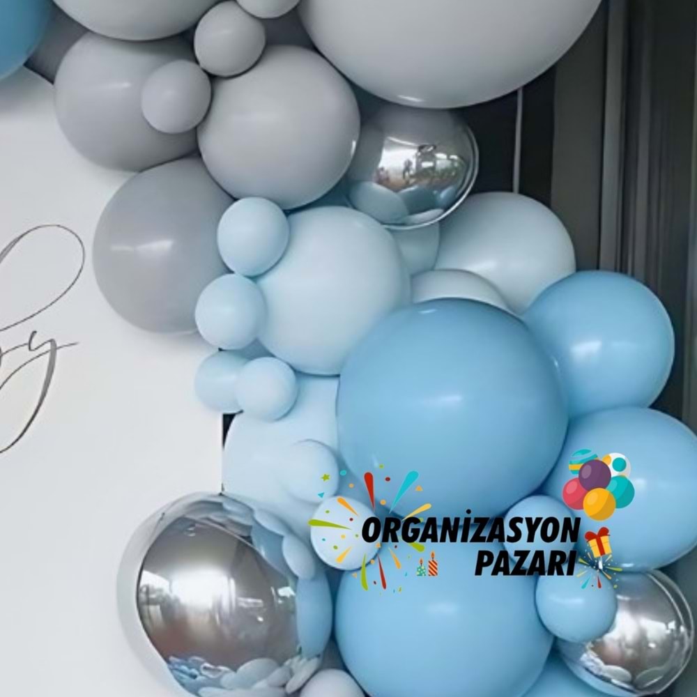 Balon Seti Fırtına Mavi-Pastel Gri-Makaron Mavi-Krom Gümüş 60 Lı Balon Zinciri Seti