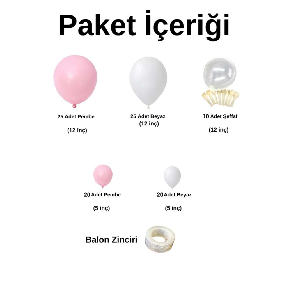 Balon Seti Beyaz-Pembe-Şeffaf 100 Lü Balon Zinciri Seti