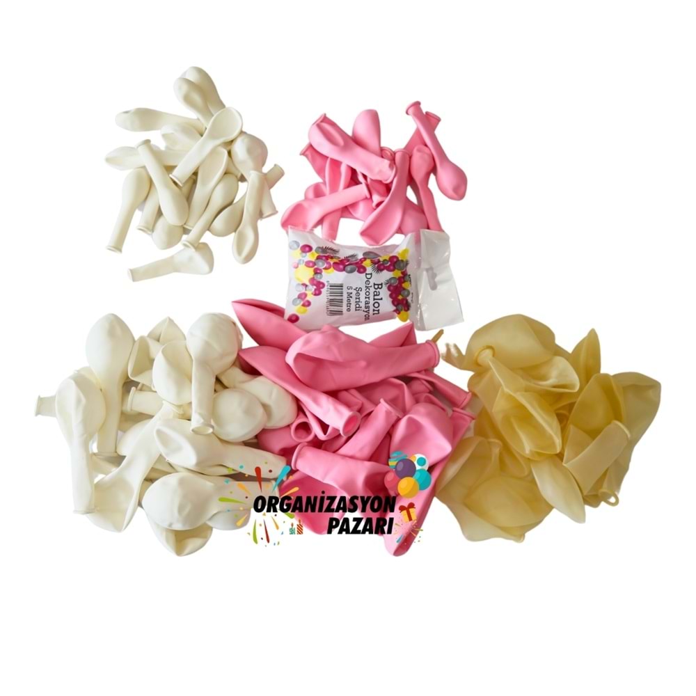 Balon Seti Beyaz-Pembe-Şeffaf 60 Lı Balon Zinciri Seti