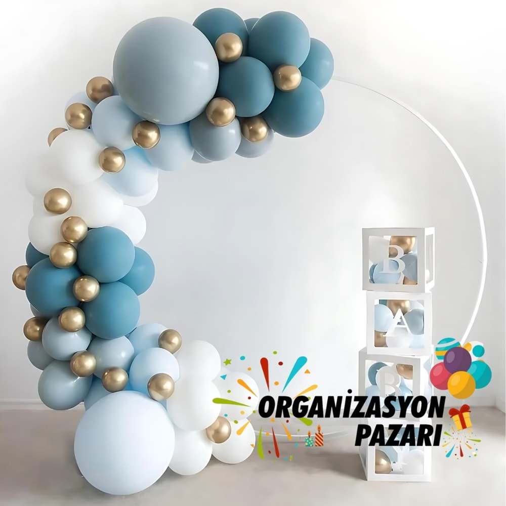 Balon Seti Beyaz-Fırtına Mavi-Krom Gold-Derin Okyanus 100 Lü Balon Zinciri Seti