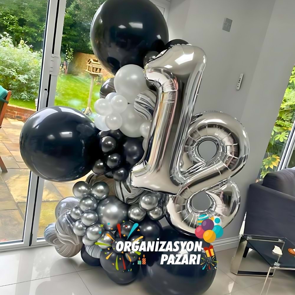 Balon Seti 18 Gümüş Folyo Balon-Siyah-Krom Gümüş-Metalik Beyaz 100 Lü Balon Zinciri Seti