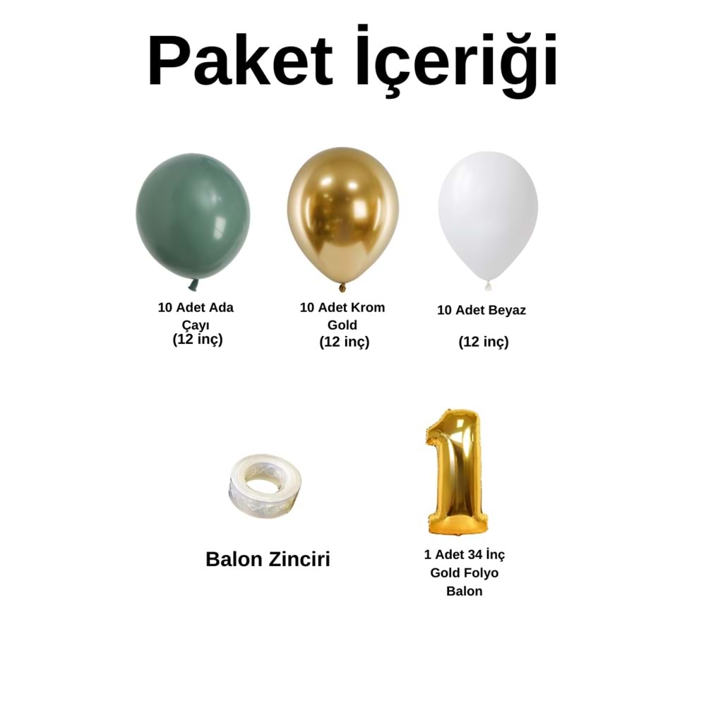 1 Yaş Doğum Günü Seti Ada Çayı-Beyaz-Krom Gold 30 lu (Gold)