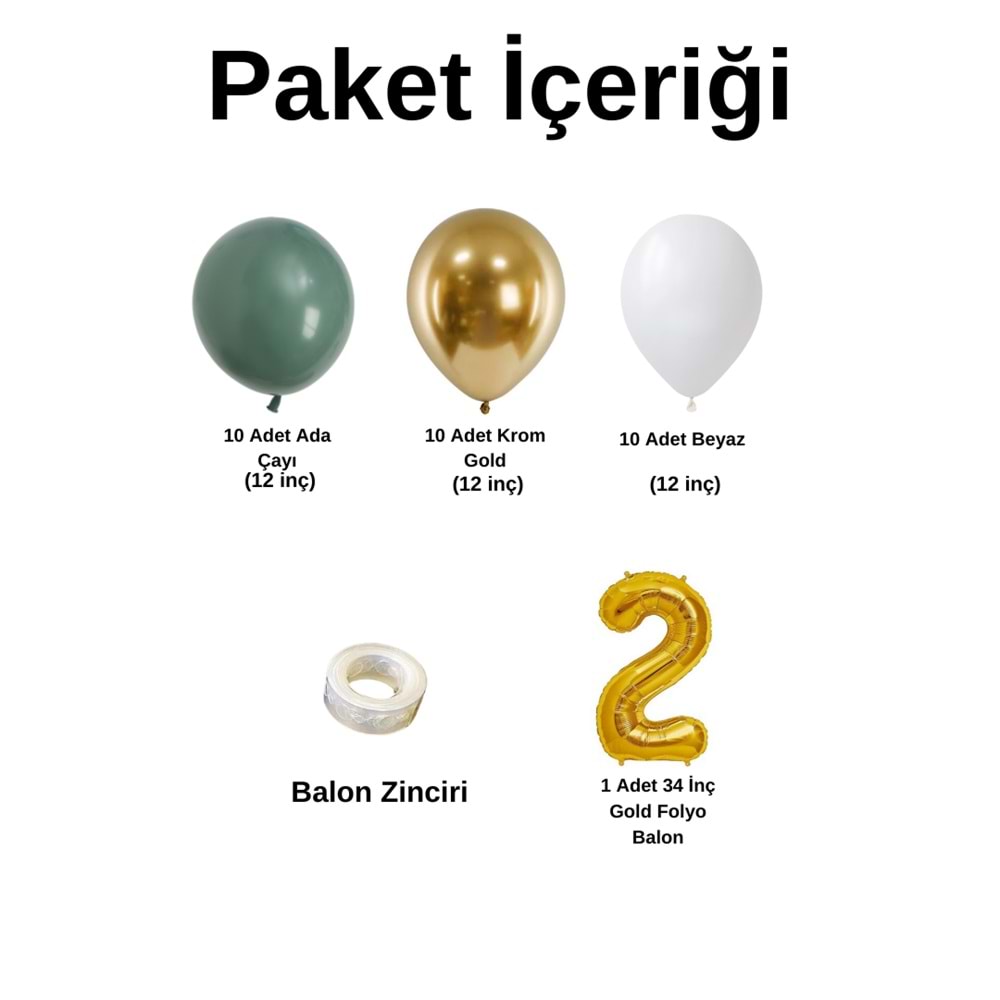 2 Yaş Doğum Günü Seti Ada Çayı-Beyaz-Krom Gold 30 lu (Gold)