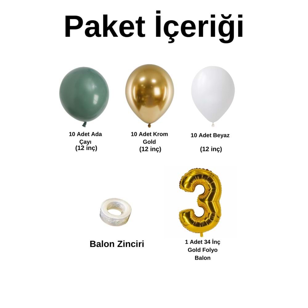 3 Yaş Doğum Günü Seti Ada Çayı-Beyaz-Krom Gold 30 lu (Gold)