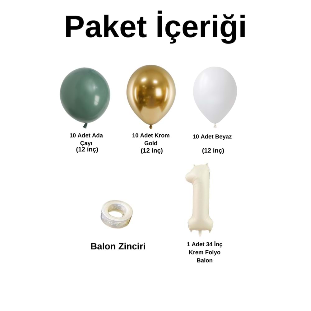 1 Yaş Doğum Günü Seti Ada Çayı-Beyaz-Krom Gold 30 lu (Krem)