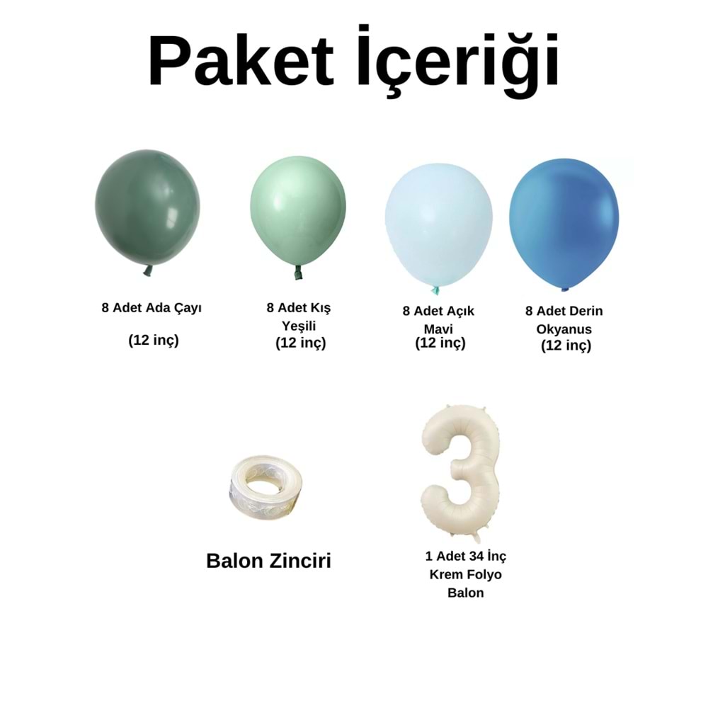 3 Yaş Doğum Günü Seti Ada Çayı-Kış Yeşili-Açık Mavi-Derin Okyasnu 30 lu (Krem)