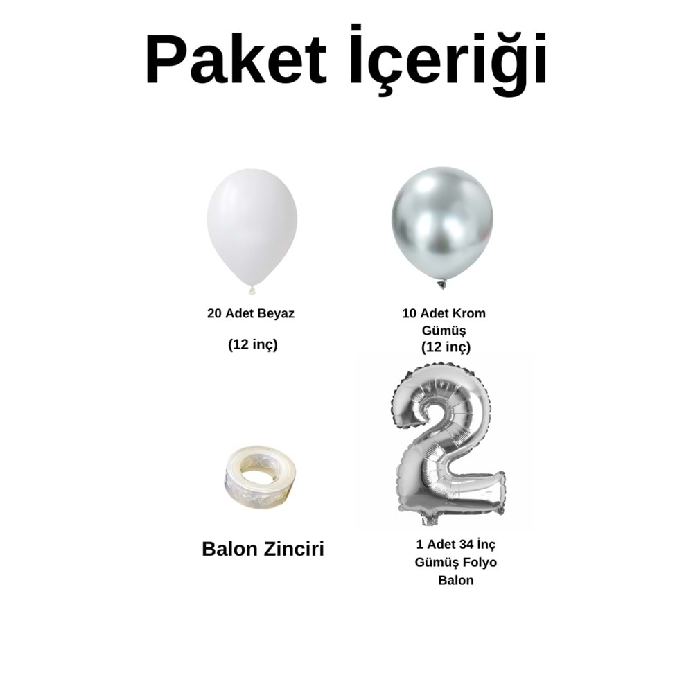 2 Yaş Doğum Günü Seti Beyaz-Krom Gümüş 30 lu (Gümüş)