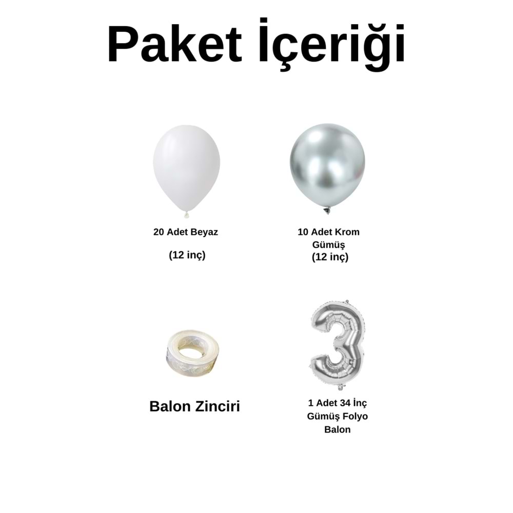 3 Yaş Doğum Günü Seti Beyaz-Krom Gümüş 30 lu (Gümüş)