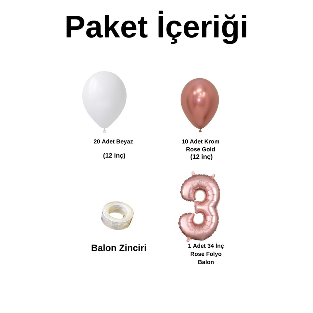 3 Yaş Doğum Günü Seti Beyaz-Krom Rose Gold 30 lu (Rose Gold)