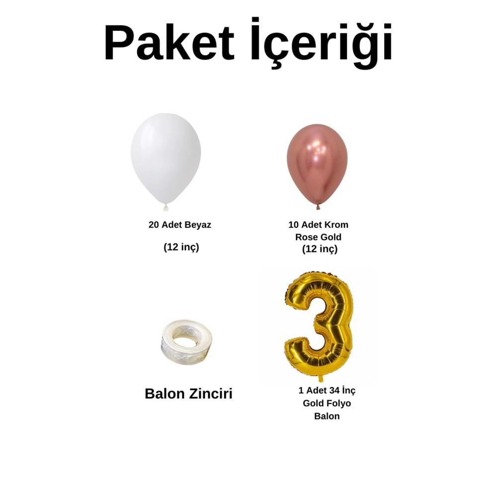 3 Yaş Doğum Günü Seti Beyaz-Krom Rose Gold 30 lu (Gold)