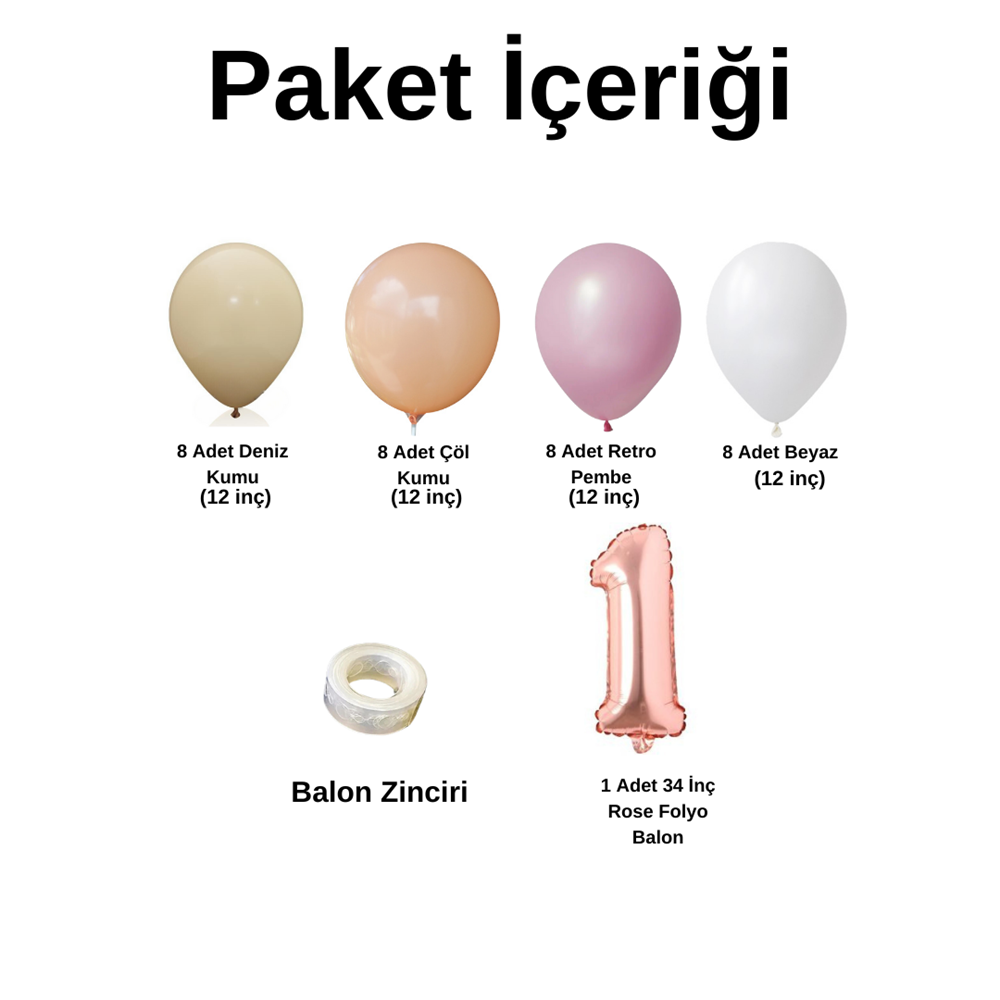 1 Yaş Doğum Günü Seti Deniz Kumu-Çöl Kumu-Rosewood-Retro Beyaz 30 lu (Rose Gold)
