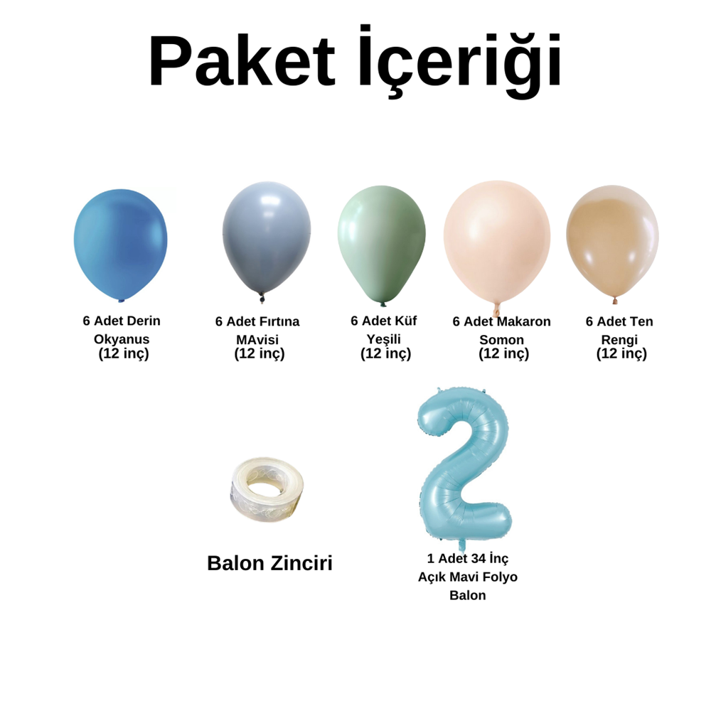 2 Yaş Doğum Günü Seti Derin Okyanus-Fırtına Mavisi-Küf yeşili-Makaron Somon-Ten Rengi 30 lu (Açık Mavi)