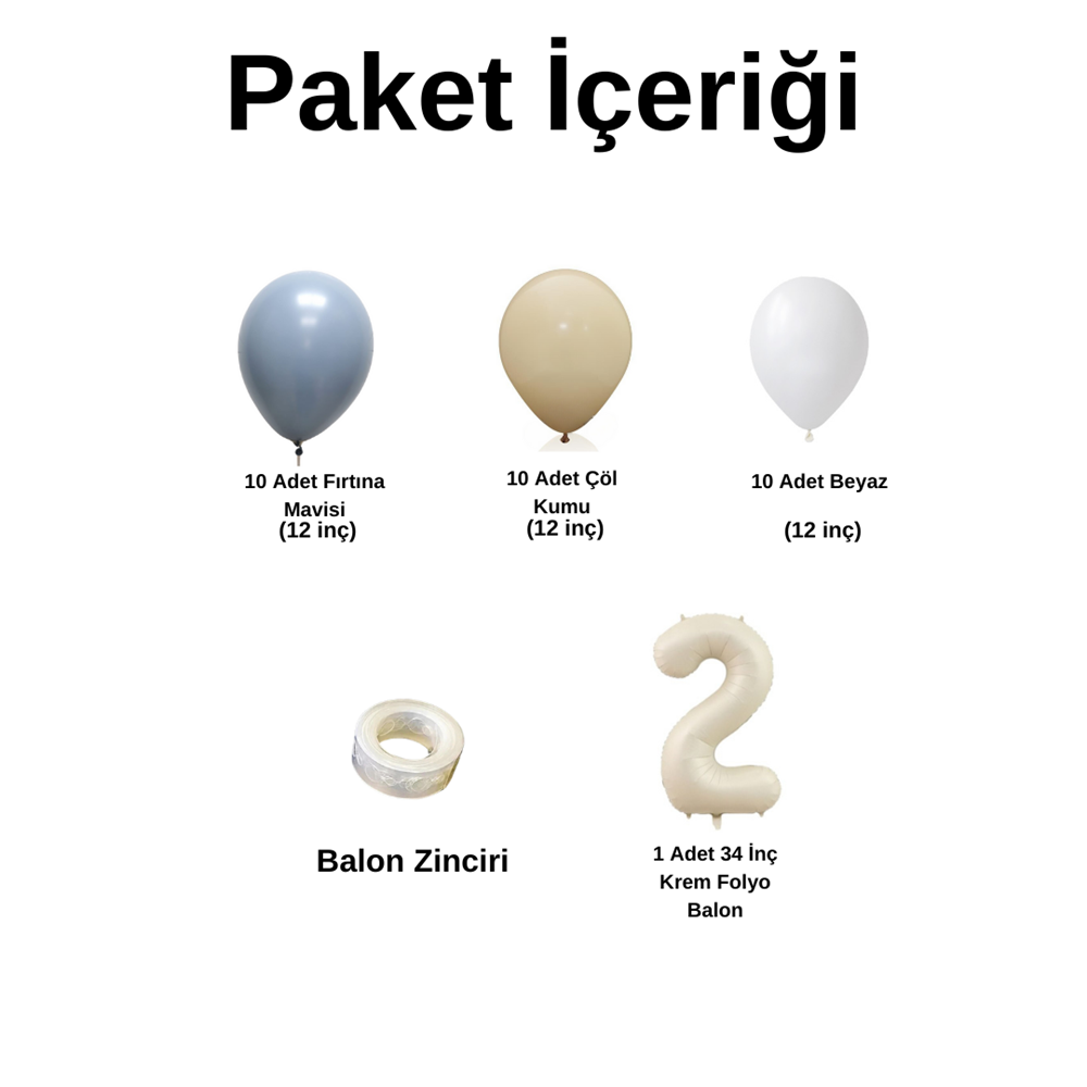 2 Yaş Doğum Günü Seti Fırtına Mavi-Beyaz-Çöl Kumu 30 lu (Krem)