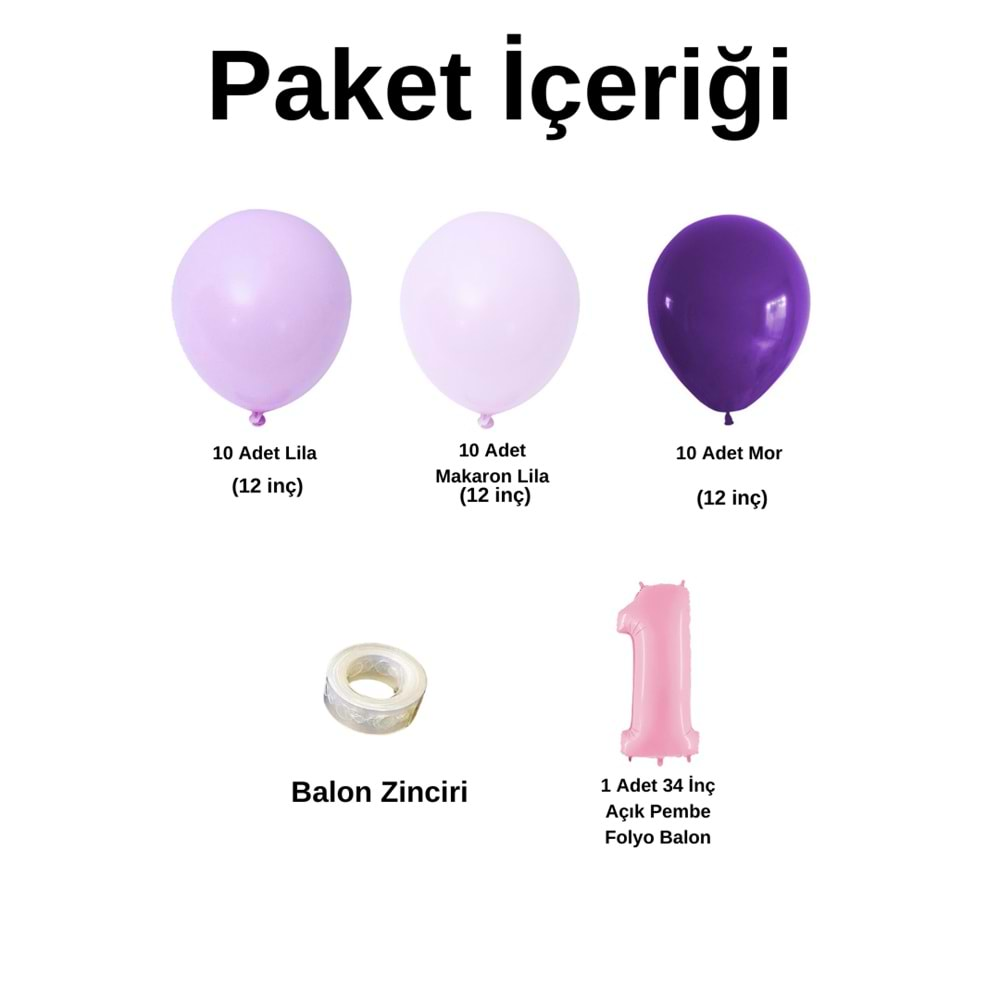 1 Yaş Doğum Günü Seti Lila-Makaron Lila-Mor 30 lu (Açık Pembe)