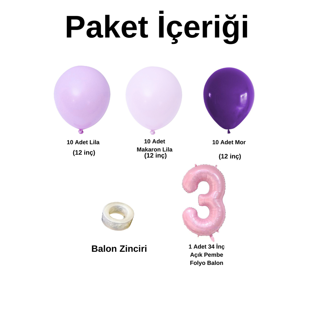 3 Yaş Doğum Günü Seti Lila-Makaron Lila-Mor 30 lu (Açık Pembe)