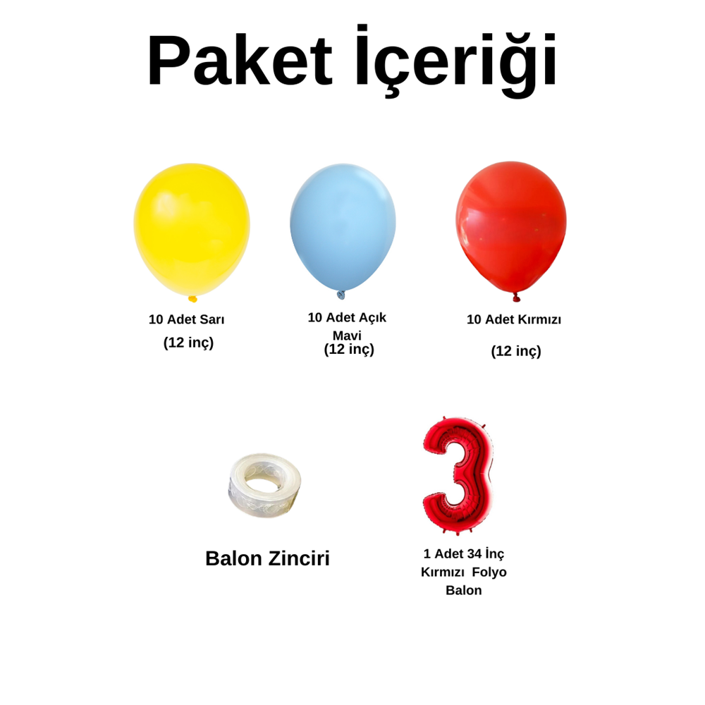 3 Yaş Doğum Günü Seti Sarı-Açık Mavi-Kırmızı 30 lu (Kırmızı)