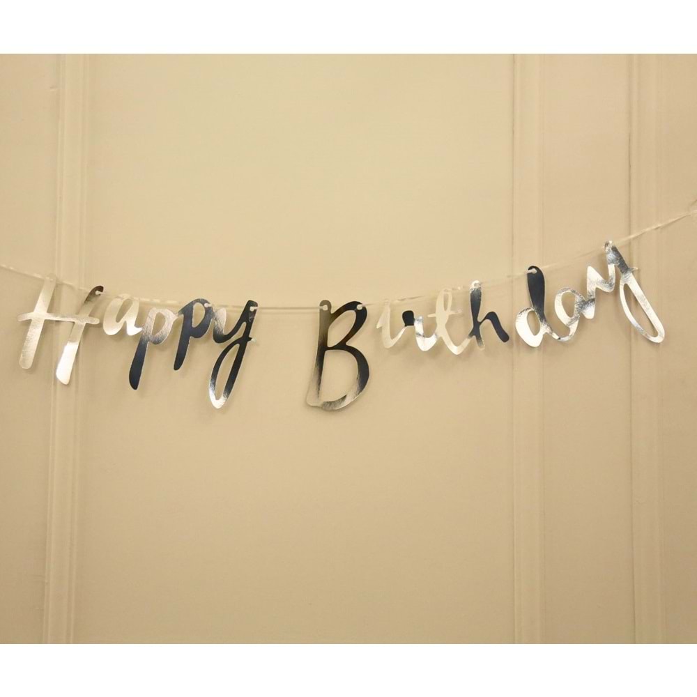 Gümüş Renkli Happy Birthday El Yazısı Banner
