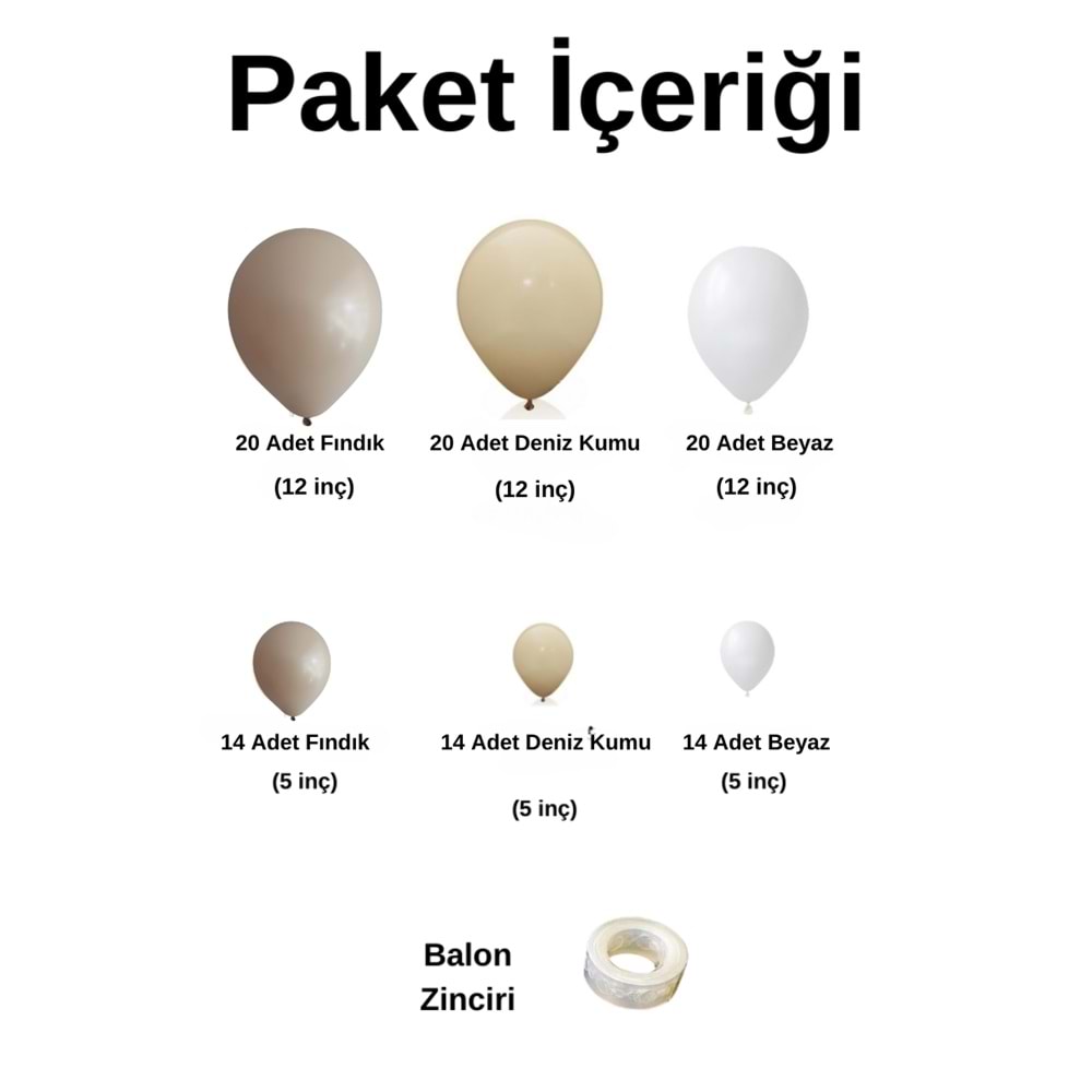 Balon Seti Fındık-Deniz Kumu-Beyaz 100 Lü Balon Zinciri Seti