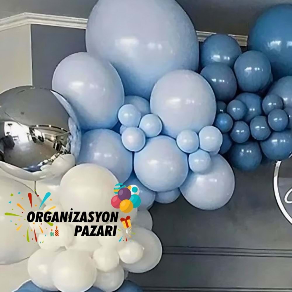 Balon Seti Beyaz-Makaron Mavi-Derin Okyanus 60 Lı Balon Zinciri Seti