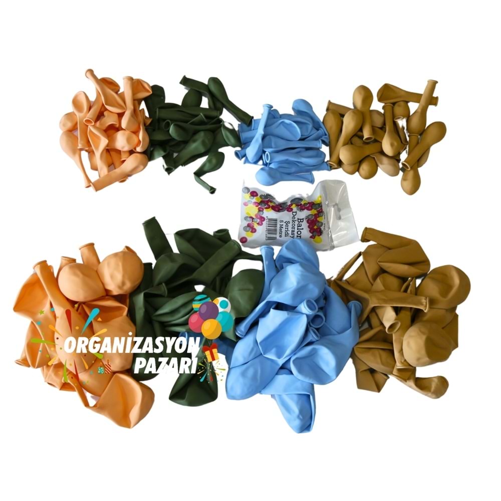 Balon Seti Okaliptus-Makaron Mavi-Makaron Somon-Sütlü Kahve 100 Lü Balon Zinciri Seti