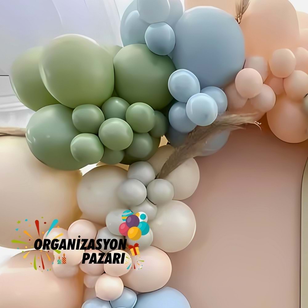 Balon Seti Okaliptus-Makaron Mavi-Makaron Somon-Sütlü Kahve 60 Lı Balon Zinciri Seti