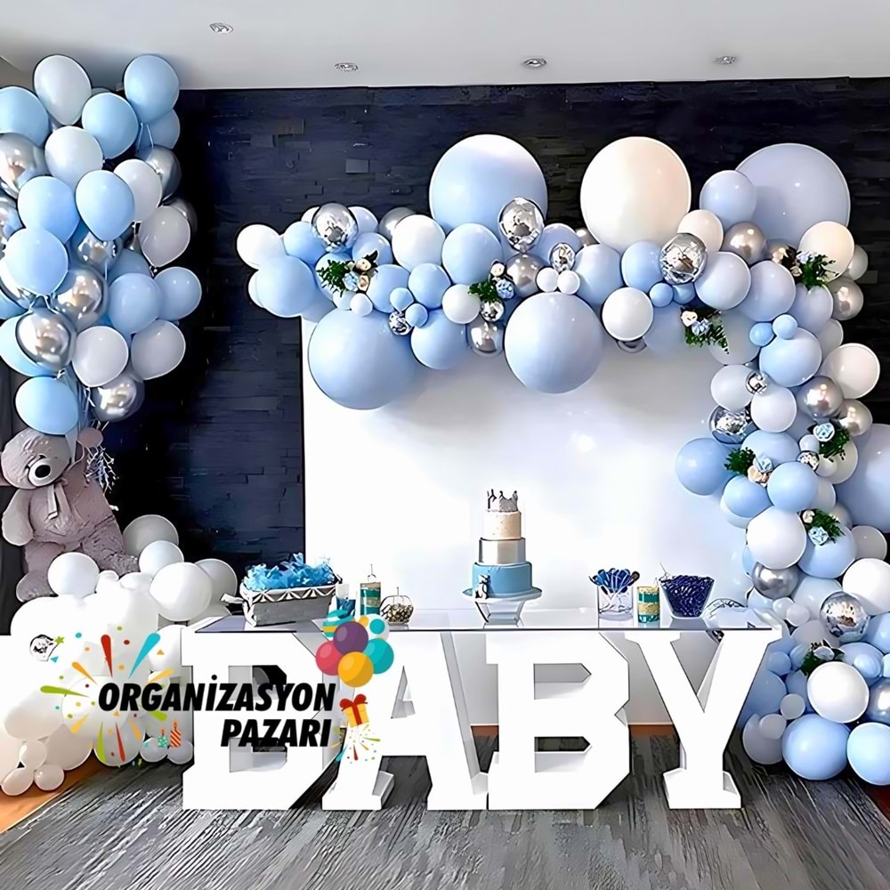 Balon Seti Makaron Mavi-Krom Gümüş-Beyaz 100 lü Balon Zinciri Seti