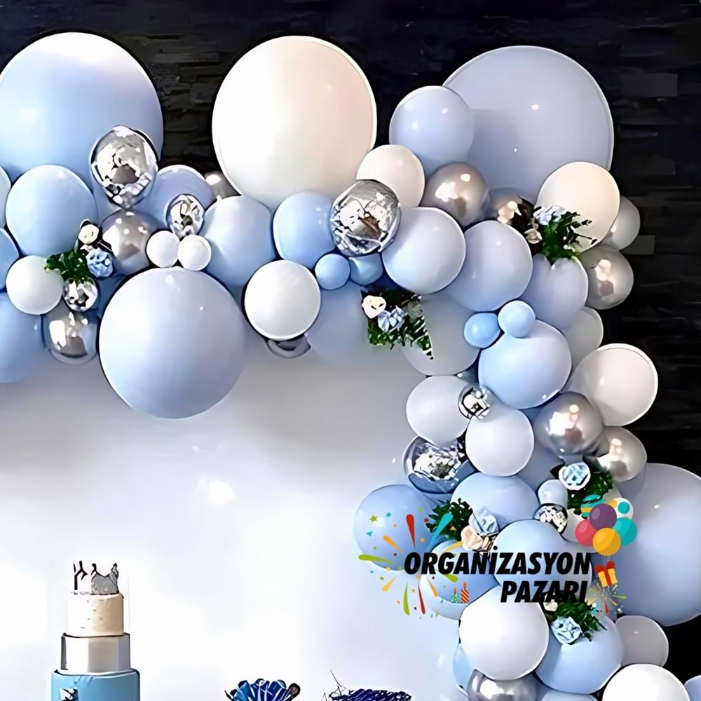 Balon Seti Makaron Mavi-Krom Gümüş-Beyaz 100 lü Balon Zinciri Seti