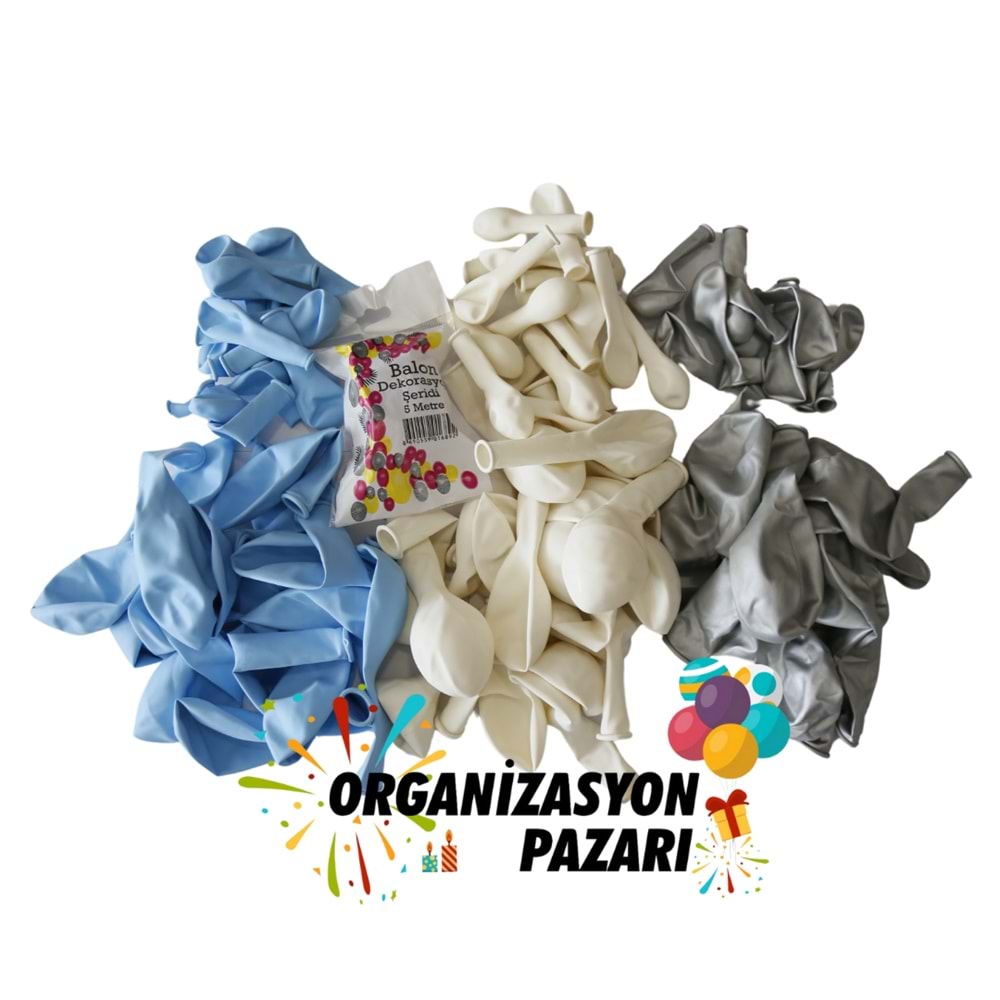 Balon Seti Makaron Mavi-Krom Gümüş-Beyaz 100 lü Balon Zinciri Seti