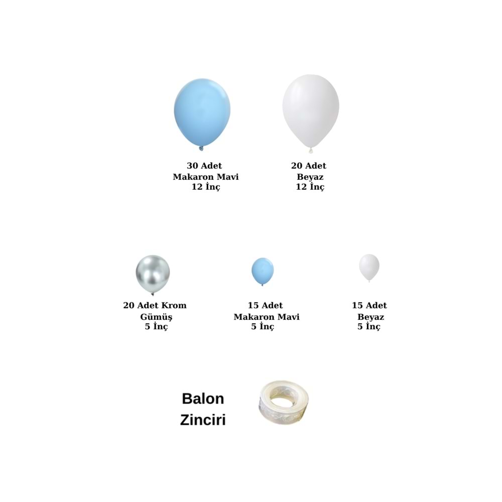 Balon Seti Makaron Mavi-Krom Gümüş-Beyaz 100 lü Balon Zinciri Seti