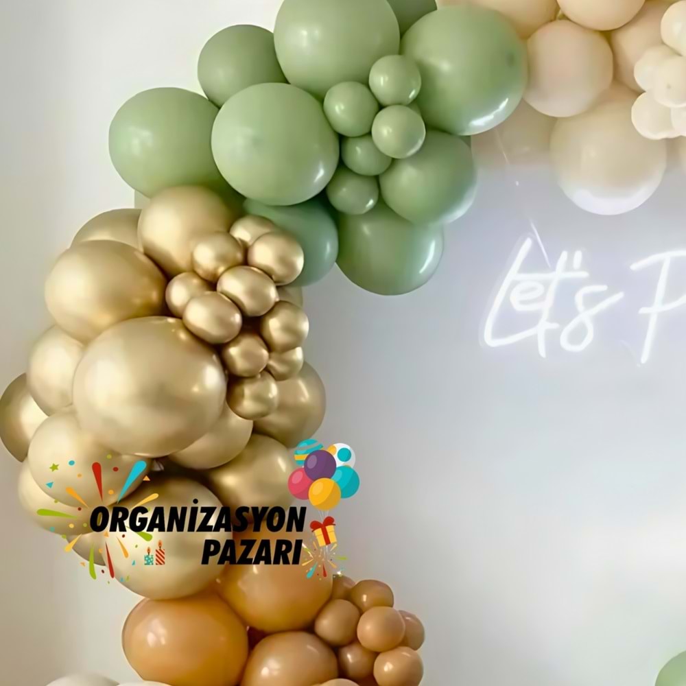 Balon Seti Küf Yeşili-Krom Gold-Karamel-Deniz kumu 100 Lü Balon Zinciri Seti