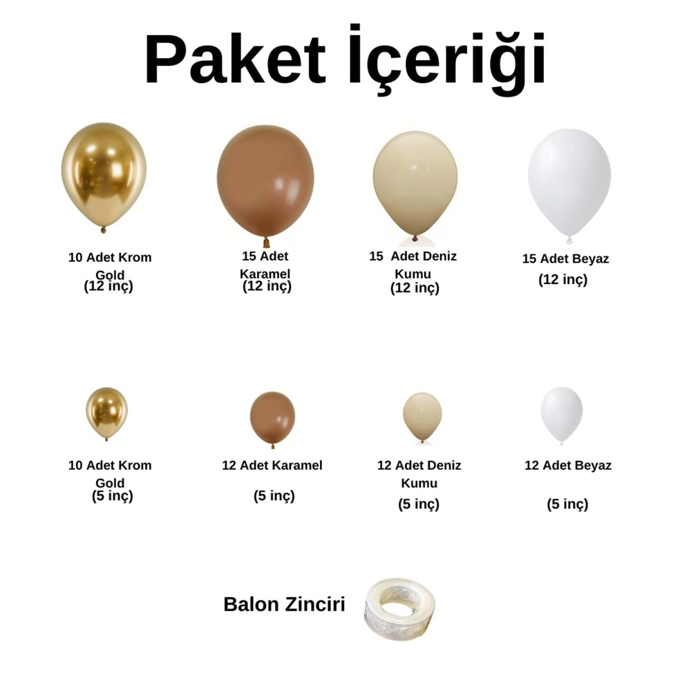 Balon Seti Krom Gold-Karamel-Deniz Kumu-Beyaz 100 lü Balon Zinciri Seti